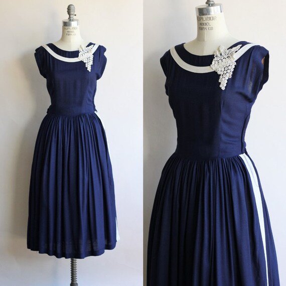 Vintage 1950s Dress / Navy Blue Sailor Inspired Su