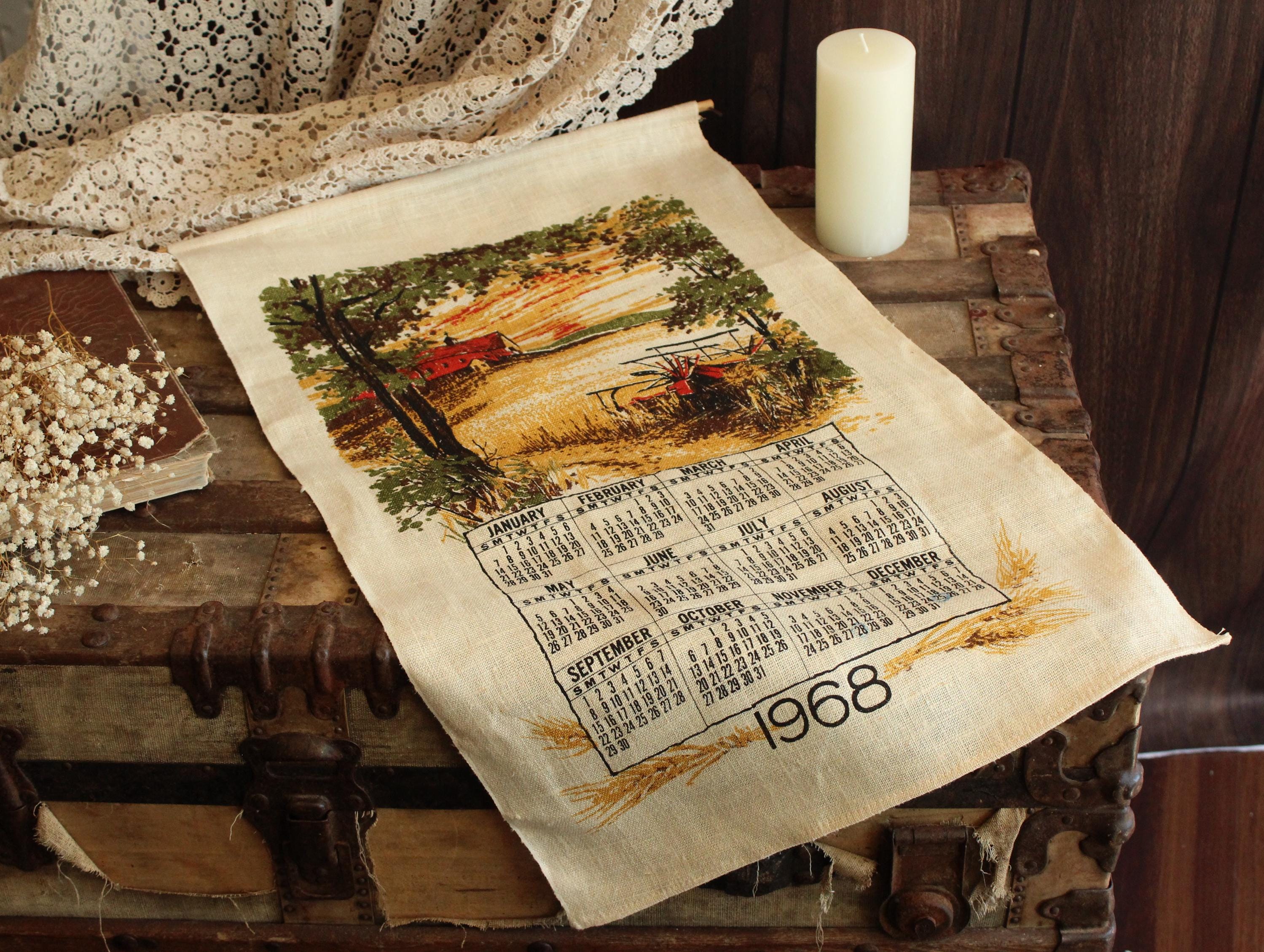 Torchon calendrier 1968 France Tiss 45x60cm déco vintage