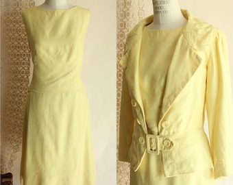 Vintagekostym från 1960-talet, Vogue Paris Original, gul linneblus, jacka och kjol i tre delar