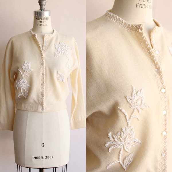 Vintage 1960s Beaded Cardigan / Bima Knits Ivory Wool Angora Sweater / Hong Kong