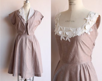 Vintage 1950s Dress With Jacket, Volup Size Martha Manning Cotton Sundress, Brown with White Organza Fit And Flare, Full  Circle Skirt