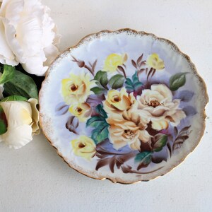 Vintage Decorative Plate,  Hand Painted Yellow and Blue Rose Floral Pattern
