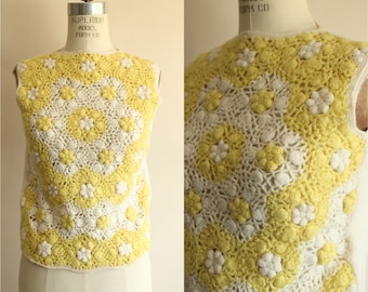 Vintage 1960s Sleeveless Sweater, Yellow and White Hand Loomed Crocheted Wool, Made in Hong Kong