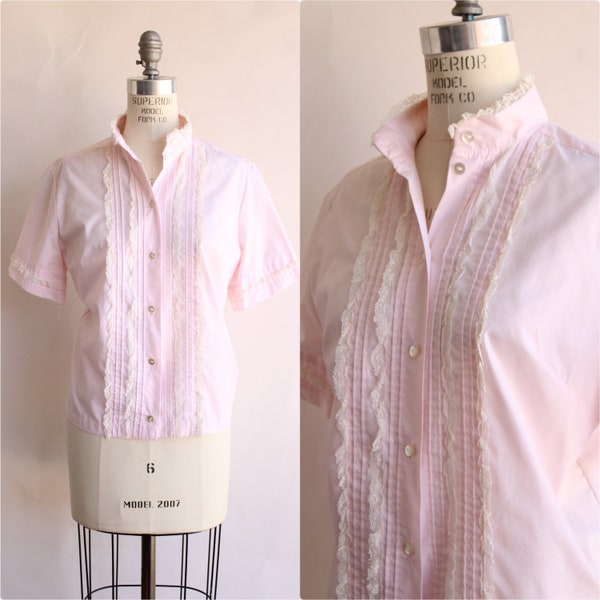 Vintage 1960s Blouse, Pink Cotton Tuxedo Front with Ruffled Lace Trim and Nehru Collar