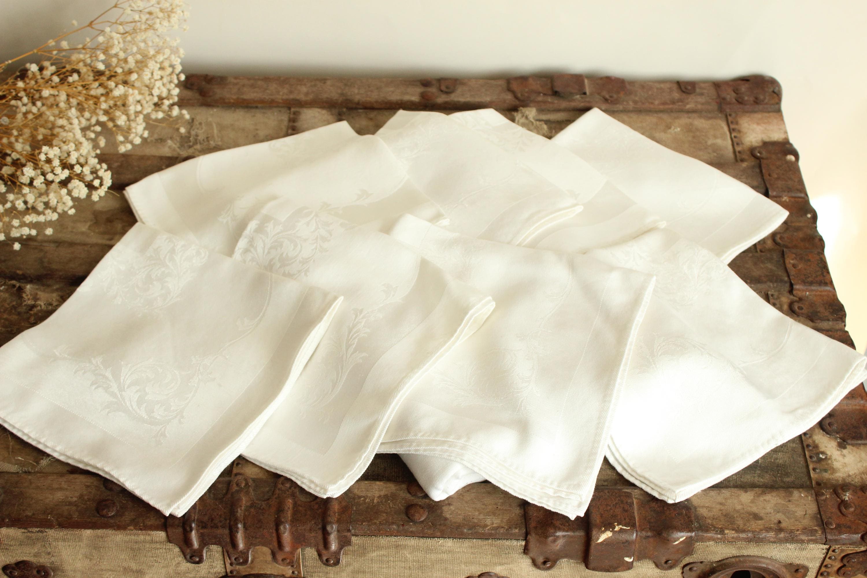 ヴィンテージ・テーブルクロス&ナプキン　リネン　コットン ヴィンテージ テーブルクロスとナプキン 8 枚セット、ホワイト