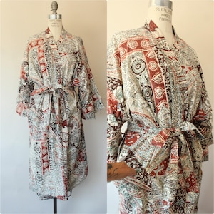 Vintage 1960s 1970s Robe with Pockets, Roytex Terrycloth Housecoat, Tiki Brown and Black and Yellow, Kimono Style