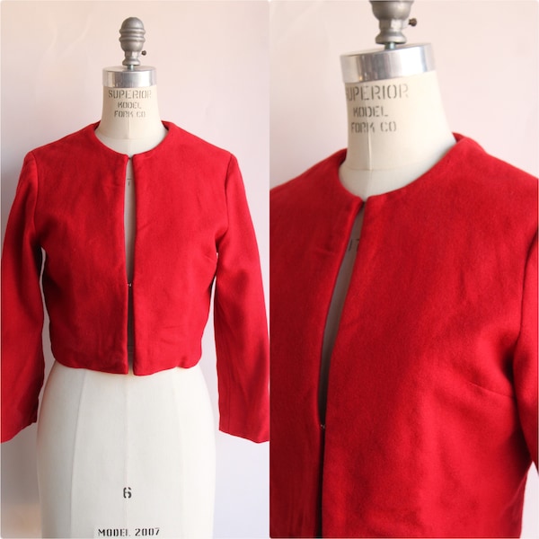 Vintage 1960s Jacket, Red Wool Cropped Bolero, Mod Style Cover Up