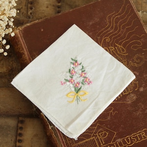 Vintage Handkerchief, White Linen with Pink and White Floral Embroidered Hankie
