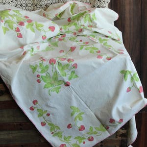 Vintage 1950s Tablecloth, Strawberry Fruit Print White Linen Square Table Topper