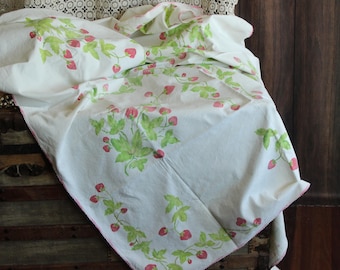 Vintage 1950s Tablecloth, Strawberry Fruit Print White Cotton Table Topper