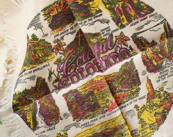 Vintage Handkerchief, Colorado Souvenir with Fringe, Collectible Hanky or Small Scarf