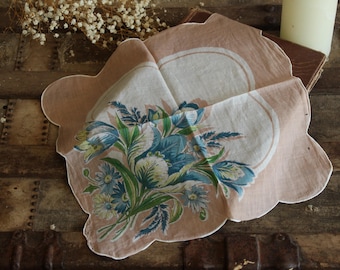 Vintage 1950s Handkerchief, Blue Tulip Flower Print Cotton Hankie
