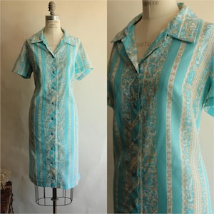 Vintage 1960s Dress, Volup Size in Blue White and Tan, Mod Style