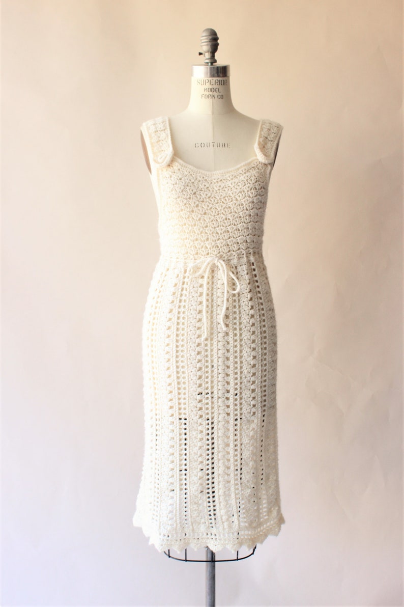 Vintage 1960s Dress Ivory Knit Or Crochet Sheath Sweater Dress with Drawstring Waist