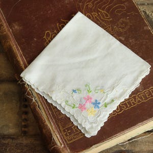 Vintage Handkerchief, Pink Blue and Yellow Flower Embroidery on White Cotton Hankie