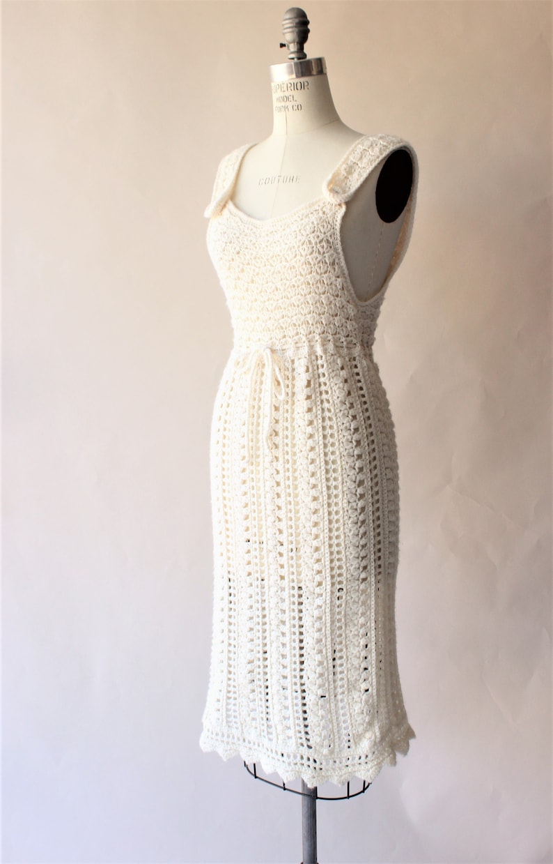Vintage 1960s Dress Ivory Knit Or Crochet Sheath Sweater Dress with Drawstring Waist