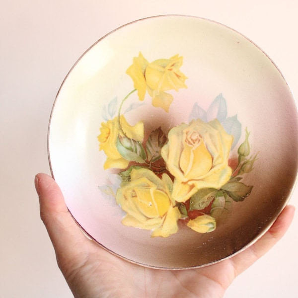 Vintage 1950s Plate, Hand Painted Yellow Roses Small Dessert China Plate