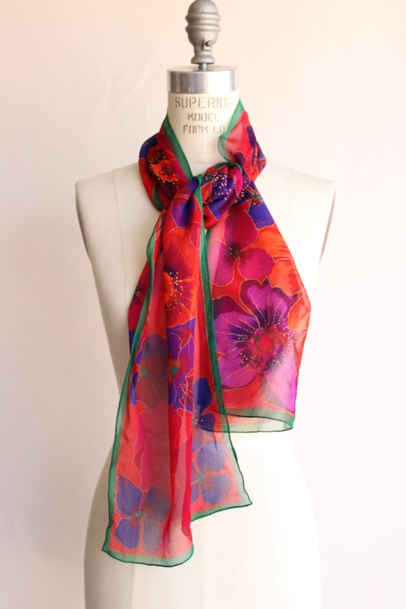 Vintage Silk Scarf, Ellen Tracy Floral Print Recta