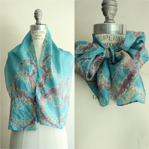 Vintage Silk Scarf, Blue and Purple Watercolor Print Rectangle Wrap