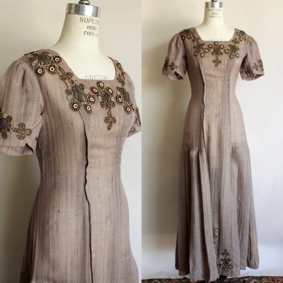 Vintage Antique 1910s Dress / Edwardian Taupe Brow