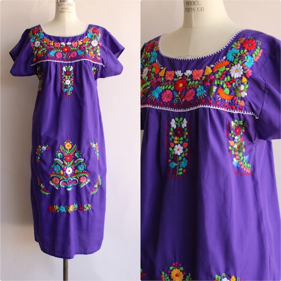 Vintage 1980s 1990s Dress, Purple Mexican Oaxaca E