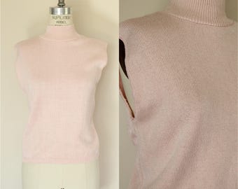 Vintage 1980s 1990s Sweater Vest, Pink Knit Mock Neck Top
