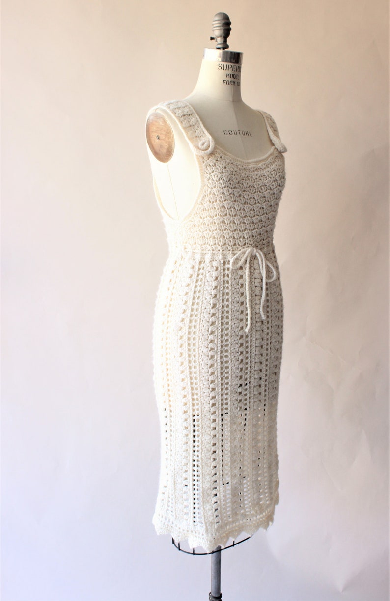 Vintage 1960s Dress Ivory Knit Or Crochet Sheath Sweater Dress with Drawstring Waist