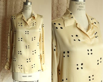 Vintage 1980s Perry Ellis Womens Blouse Sz 4, Gold Label, Yellow and Black Silk,