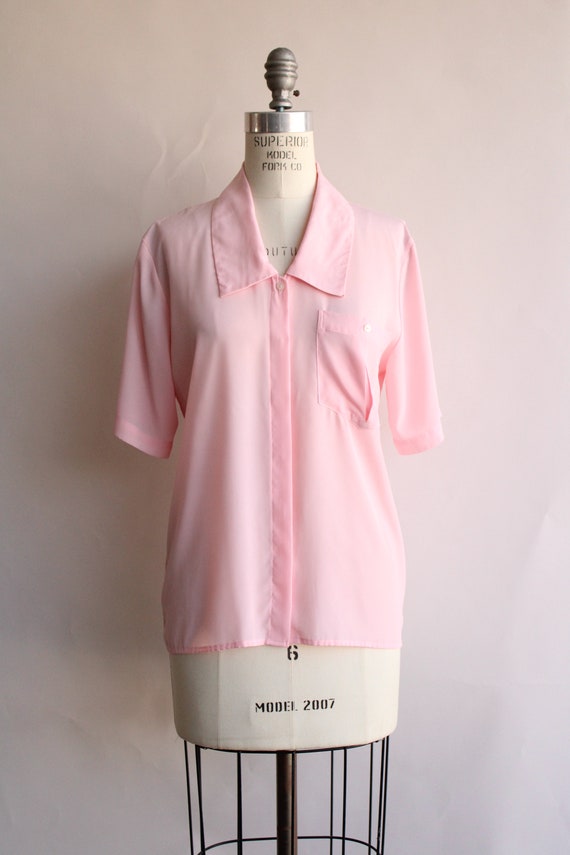Vintage 1980s Blouse, Pink Dagger Collar with Poc… - image 2