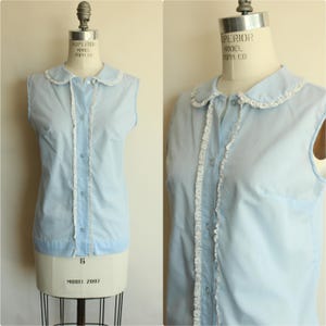 Vintage 1960s Blouse, New Fashion Creation Blue Cotton Sleeveless Top with Lace Peter Pan Collar