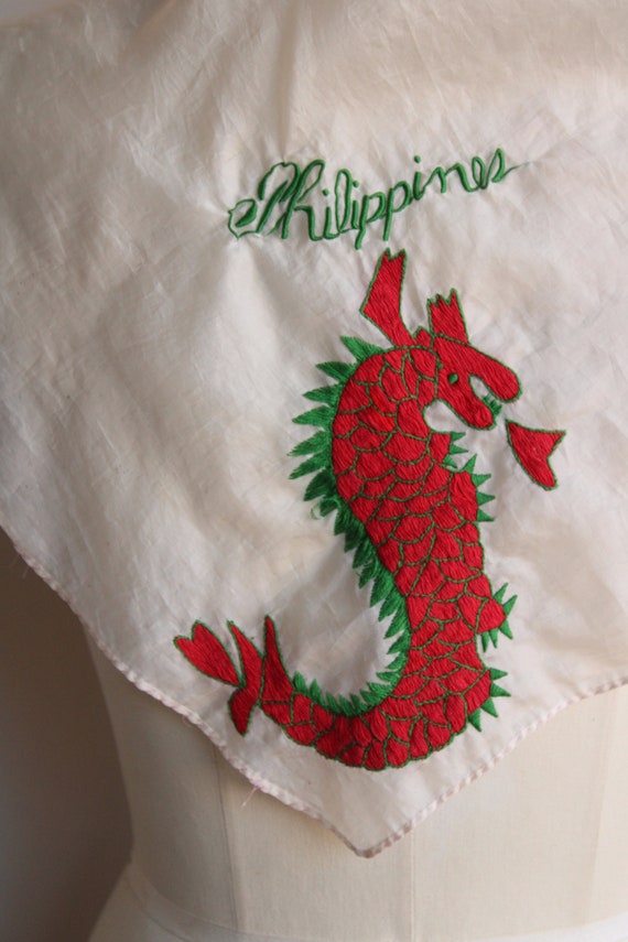 Vintage 1950s Silk Scarf, Philippines Dragon Embr… - image 2