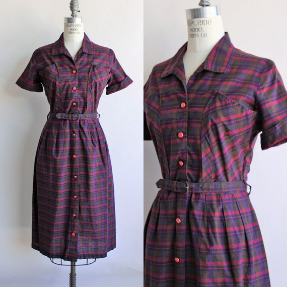 Vintage 1950s Dress With Belt and Pockets / Plaid