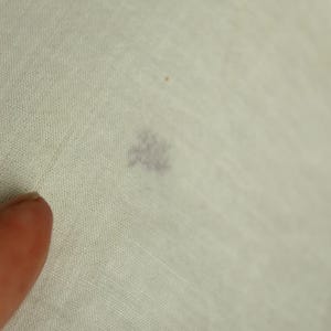 以下が含まれることがあります： 小さな暗いシミのある明るい色の生地のクローズアップ。生地は織られており、おそらくリネンまたは綿です。左下の角に指が見え、生地に触れています。