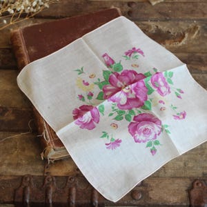 Vintage 1950s Cotton Handkerchief Floral Print, Pink Purple Roses Hankie