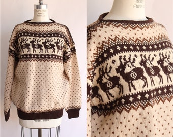 Vintage 1970s Sweater, Lulle Otterstad Nordic Reindeer Pattern Brown and Cream Wool Pullover, Handmade Jumper