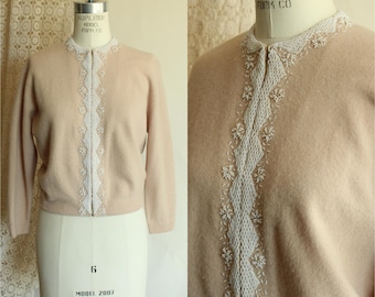 Vintage 1950er Jahre Perlen Strickjacke, Bima Strickt Beige Wolle Angora Pullover, Hong Kong