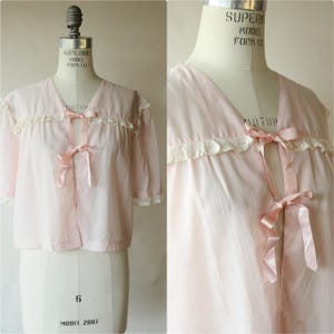 Vintage 1940s 1950s Bed Jacket, Pale Pink Pinstripes with Pink Lace Trim Short Robe, Pin Up Lingerie