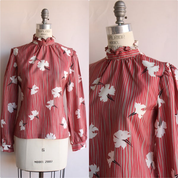 Vintage 1980s Blouse, Russ Petities Red and White Floral Print and Striped Shirt Grandma Core, Size 8