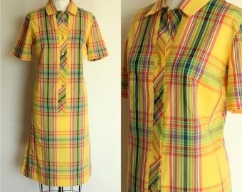 Vintage 1960s Dress, Volup Size Serbin of Florida Yellow Tartan Plaid , Mod Style