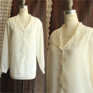 Vintage 1980s 1990s Blouse, Volup Impressions White Button Down Shirt with Lace Collar and Shoulder Pads, Grandma Core
