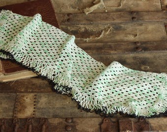 Vintage Crochet Doily or Couch Cover in Green and White And Black,  Long Table Scarf