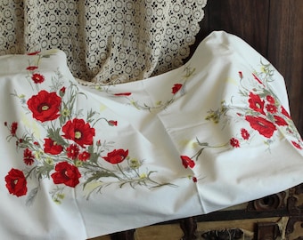 Vintage 1950s Table Runner, Red Poppy Flower Print White Cotton Table Topper