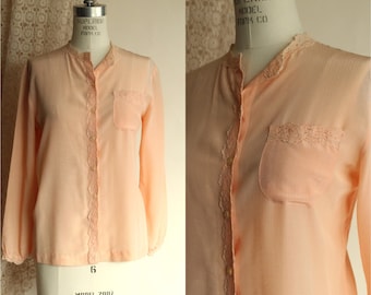 Vintage 1970s 1980s Blouse, Miss Capri Peach Shirt with Lace Trim, Grandma Core