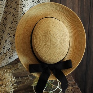Vintage Black Straw Wide Brim Hat Ribbon Trim Boho Chic Sun Hat With Box Vintage Scala Collection Woven Straw Hat Black Ribbon Trim  main image 4