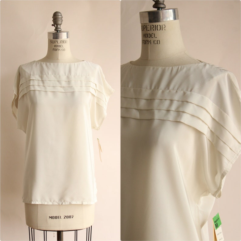 Vintage 1980s Blouse, NWT Kaki Roberts Winter White Shirt, Size Medium image 1
