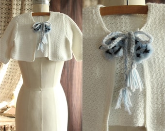 Vintage 1950s 1960s Baby Sweater, White Knit Cardigan with Blue Ties