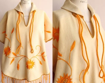 Vintage 1960s Poncho, Yellow Felted Wool Embroidered Cape or Shawl, Autumn Sunflowers