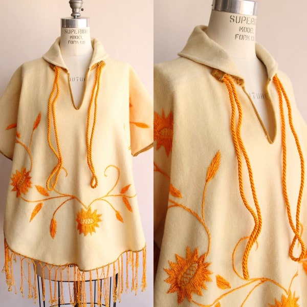 Vintage 1960s Poncho, Yellow Felted Wool Embroidered Cape or Shawl, Autumn Sunflowers