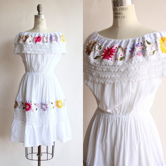 Vintage 1970s 1980s Dress, White Cotton Embroider… - image 1