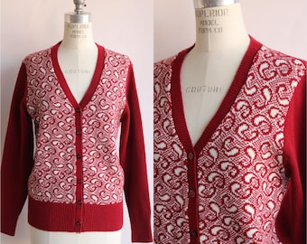 Vintage jaren 70-vesttrui, volledig ouderwets rood en wit paisley, maat Large